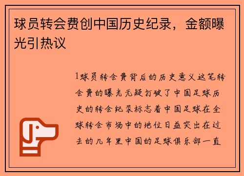球员转会费创中国历史纪录，金额曝光引热议